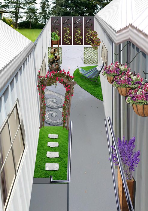 Artist impression of the finished sensory garden with hanging baskets and a water feature.